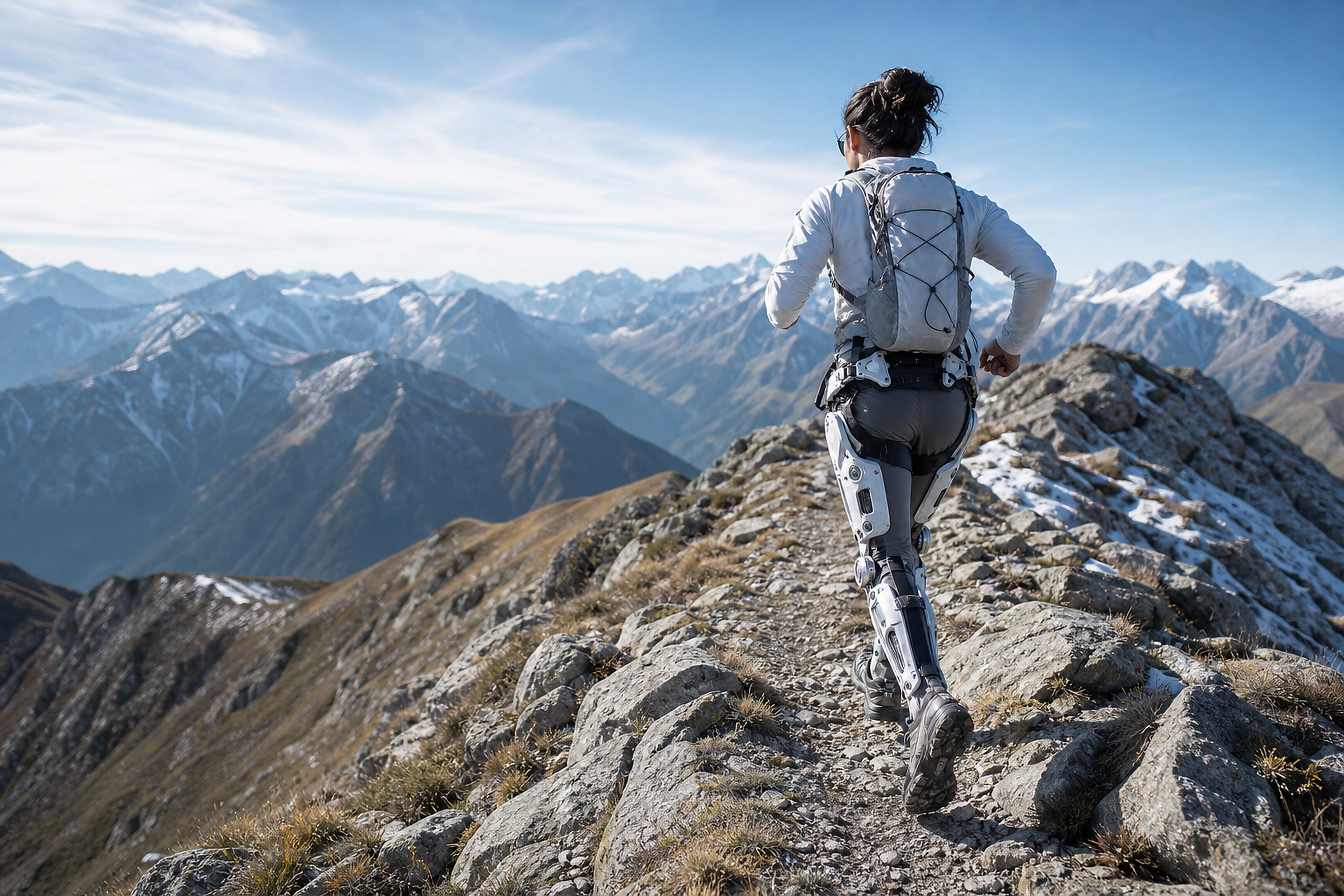 Athlete using an endurance exoskeleton in the mountains