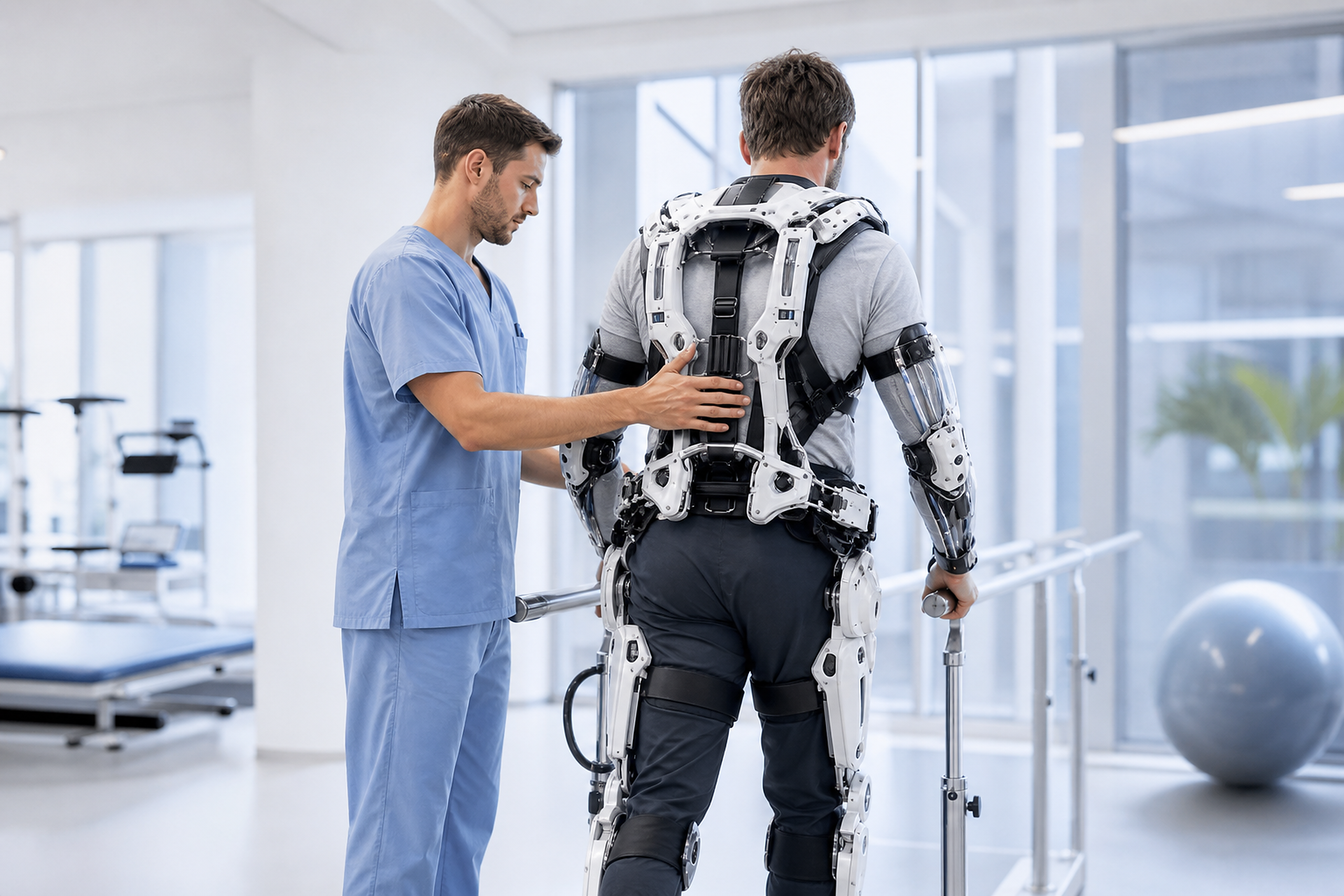 Clinician assisting a patient in a rehabilitation exoskeleton