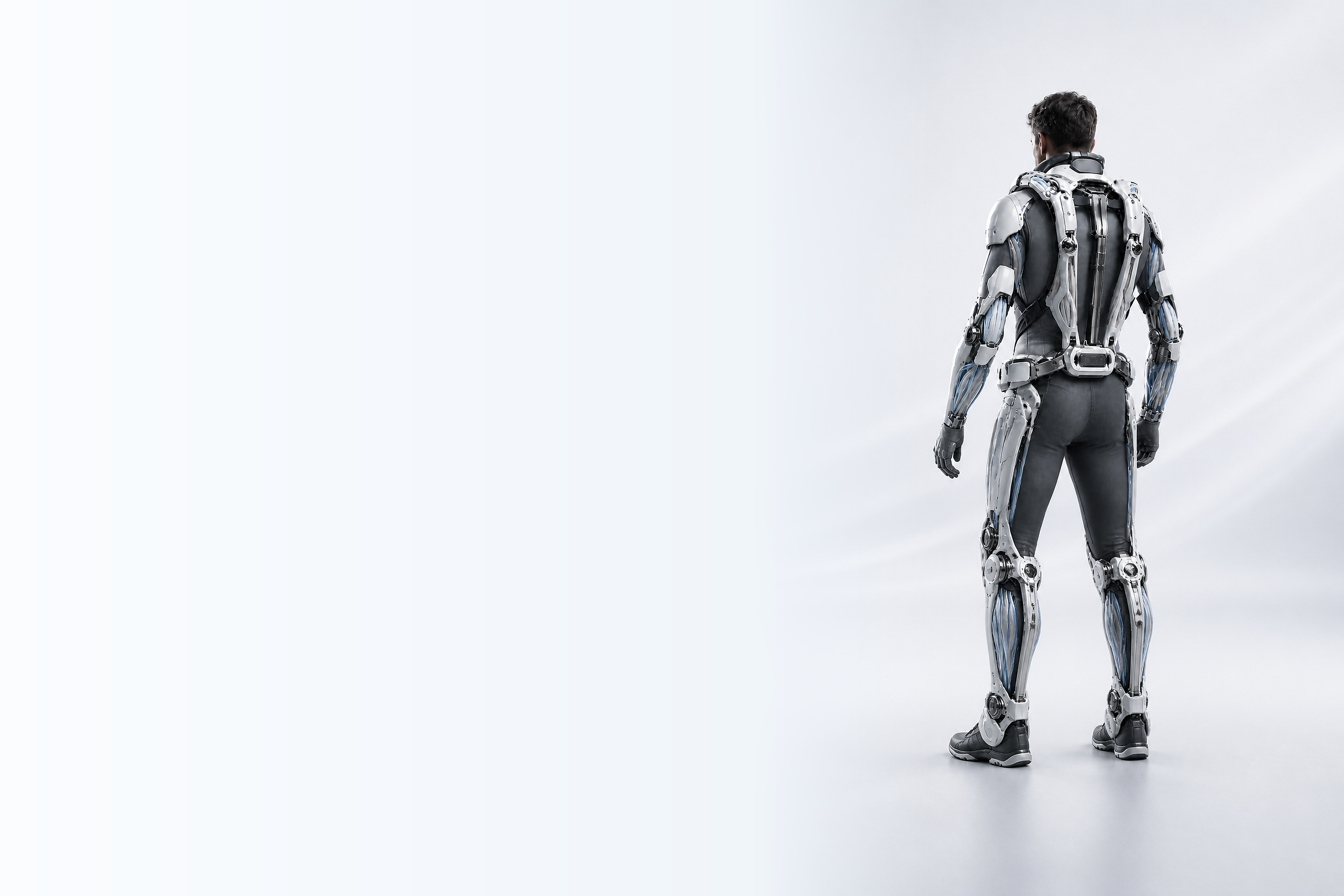 Person wearing a MYONEX LAB artificial muscle exoskeleton