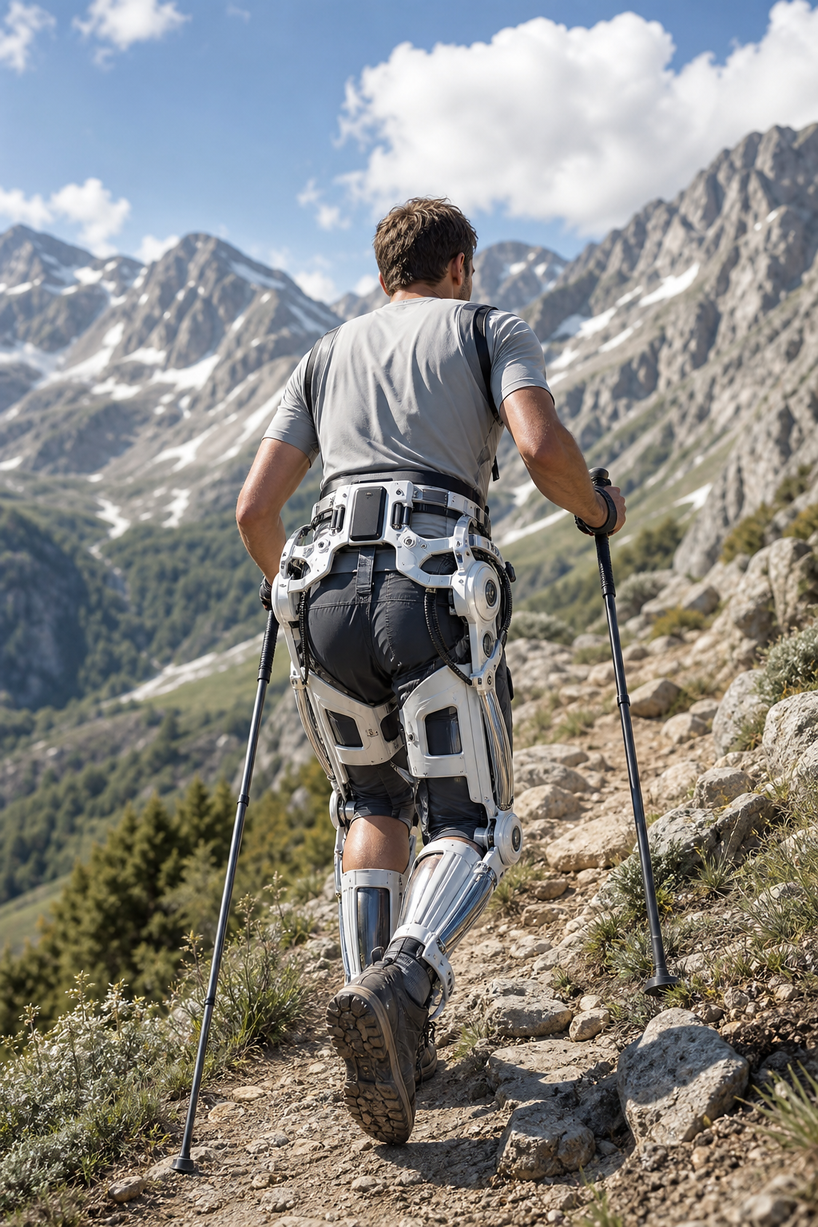 Hiker using a mobility exoskeleton