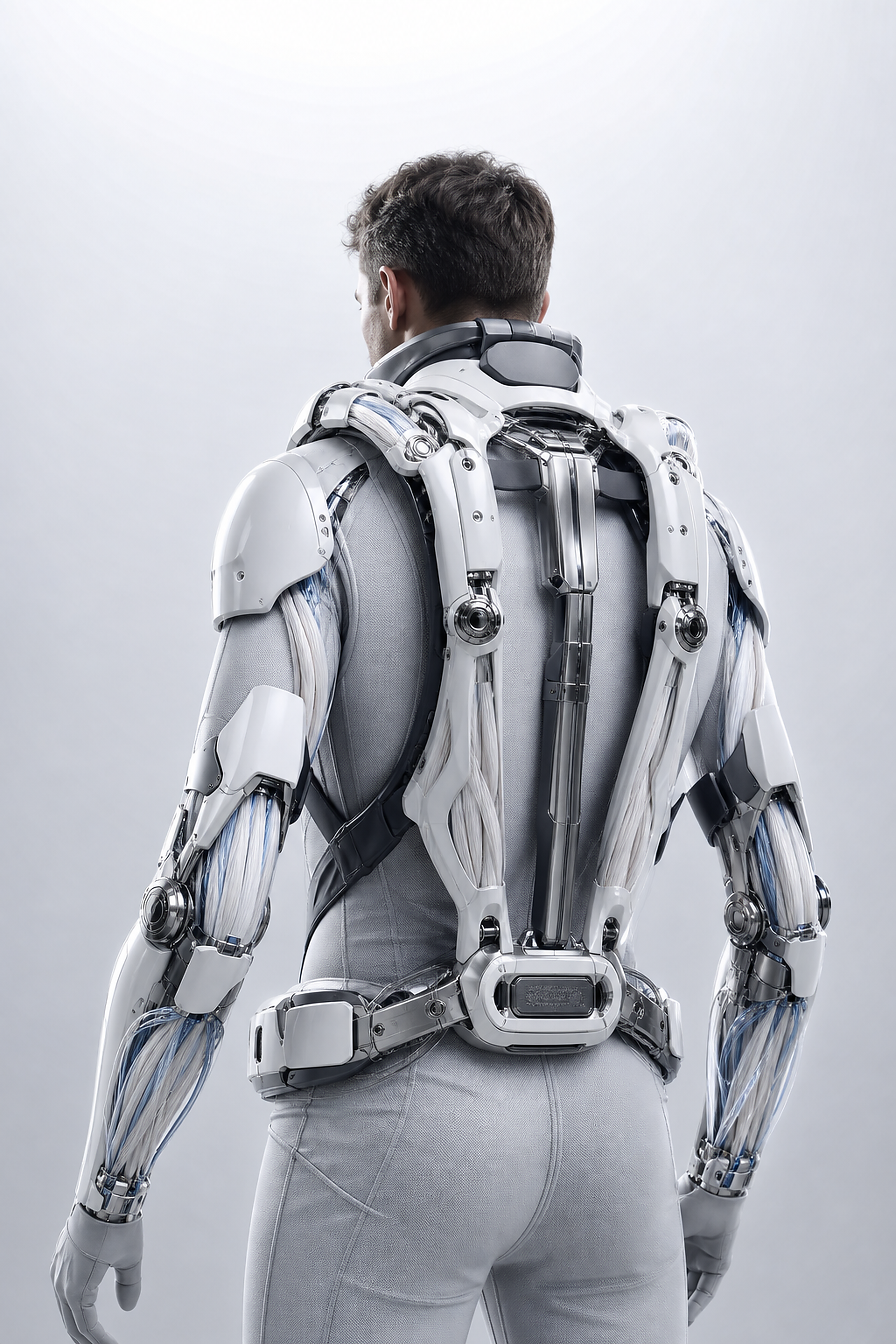 Person wearing a white anatomical exoskeleton