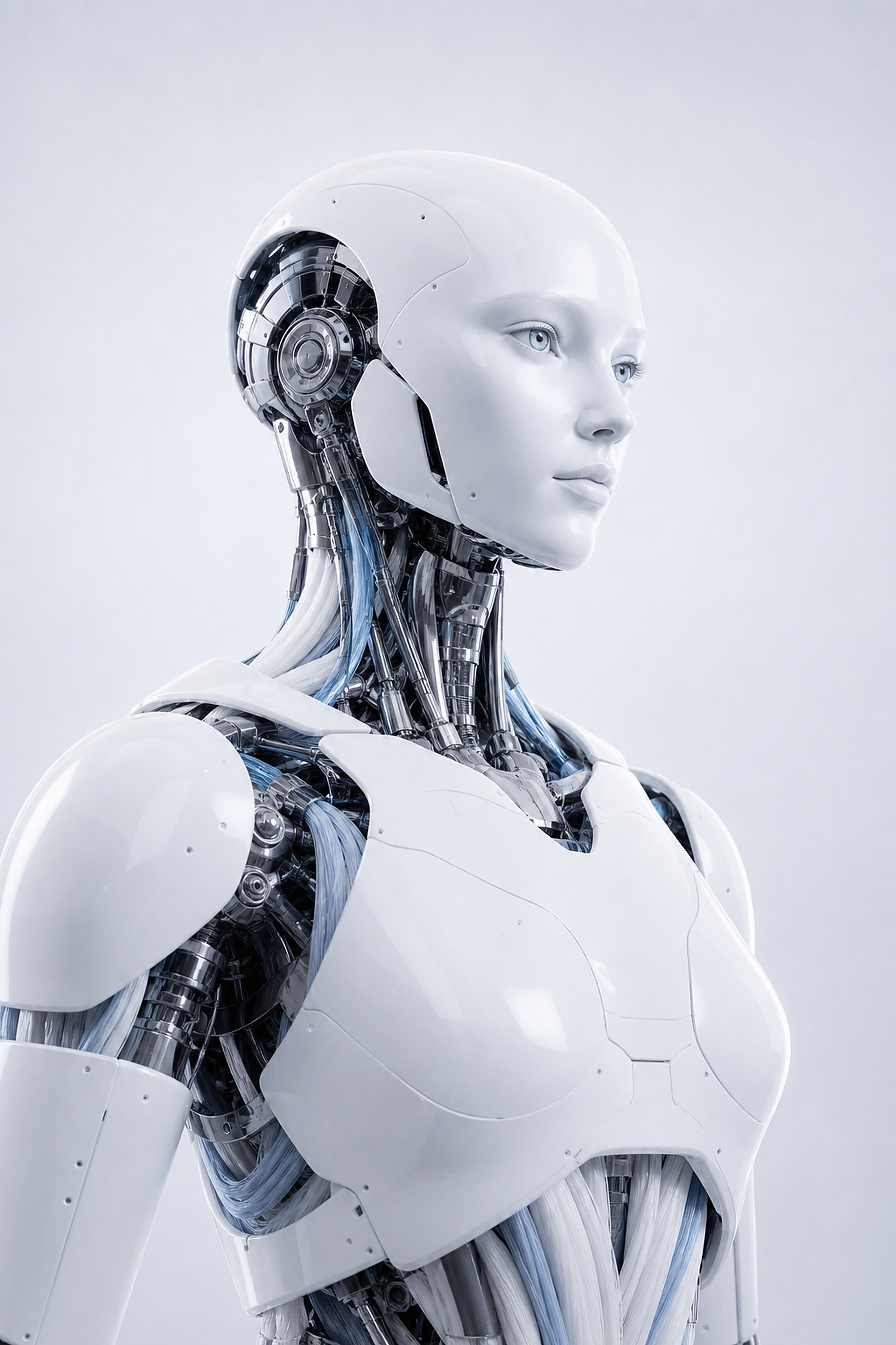 White humanoid robot with synthetic muscle systems