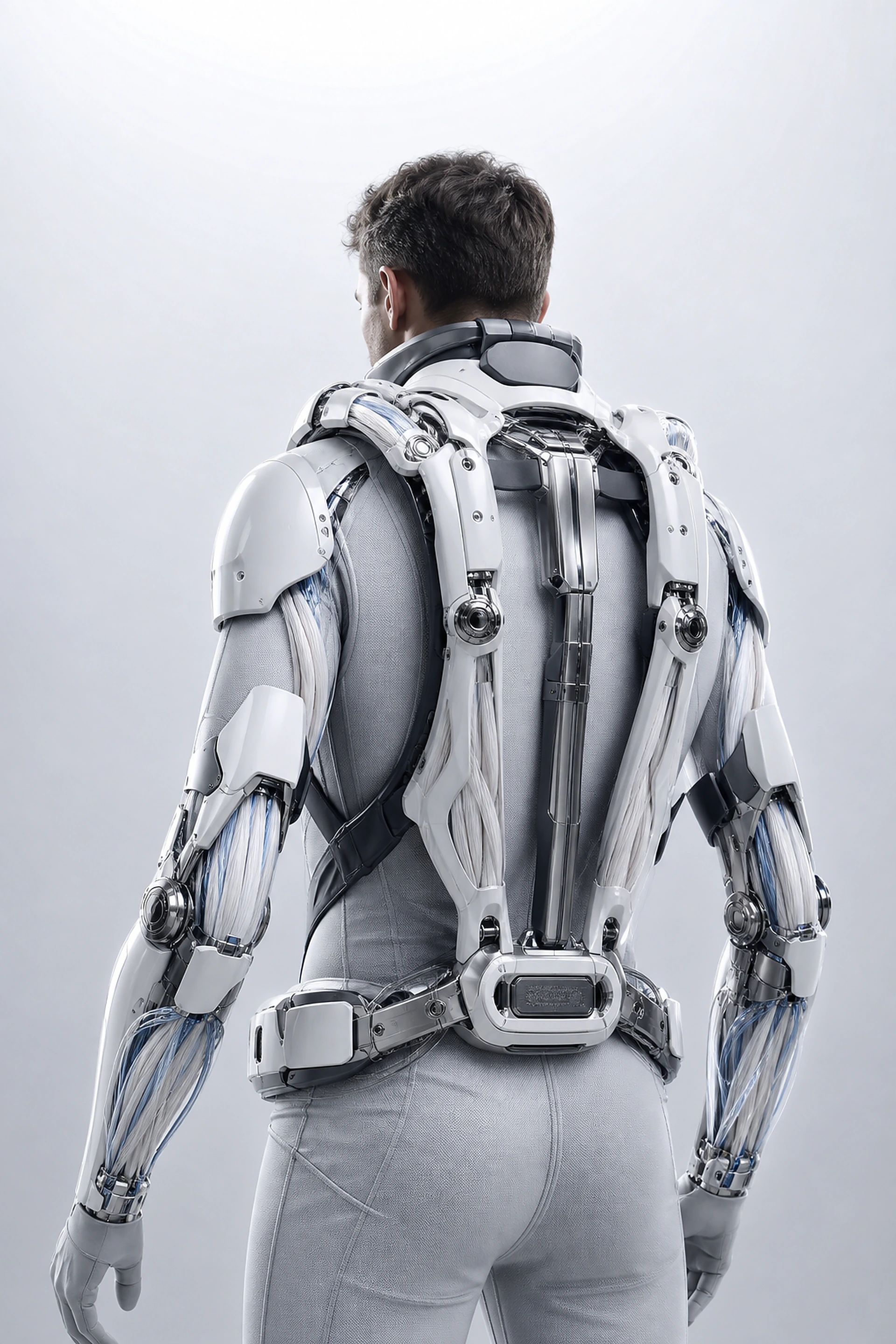 Person wearing a white anatomical exoskeleton